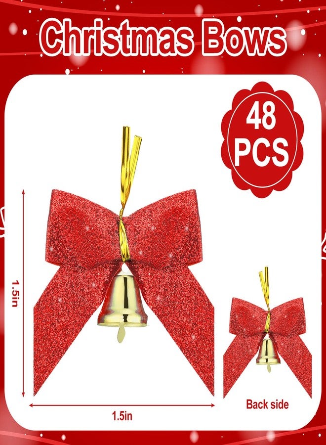 Glitinsel 48 Pcs Christmas Mini Bows with Bells Glitter Bows Christmas Tree Decorations 24 Red and 24 Green 2 x 1.5 Inch for Gift Wraps Premade for Wreath Ornaments Crafts - Image 2